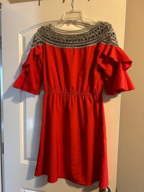 Womens Red Dress with Crochet Yoke and Ruffle Sleeves